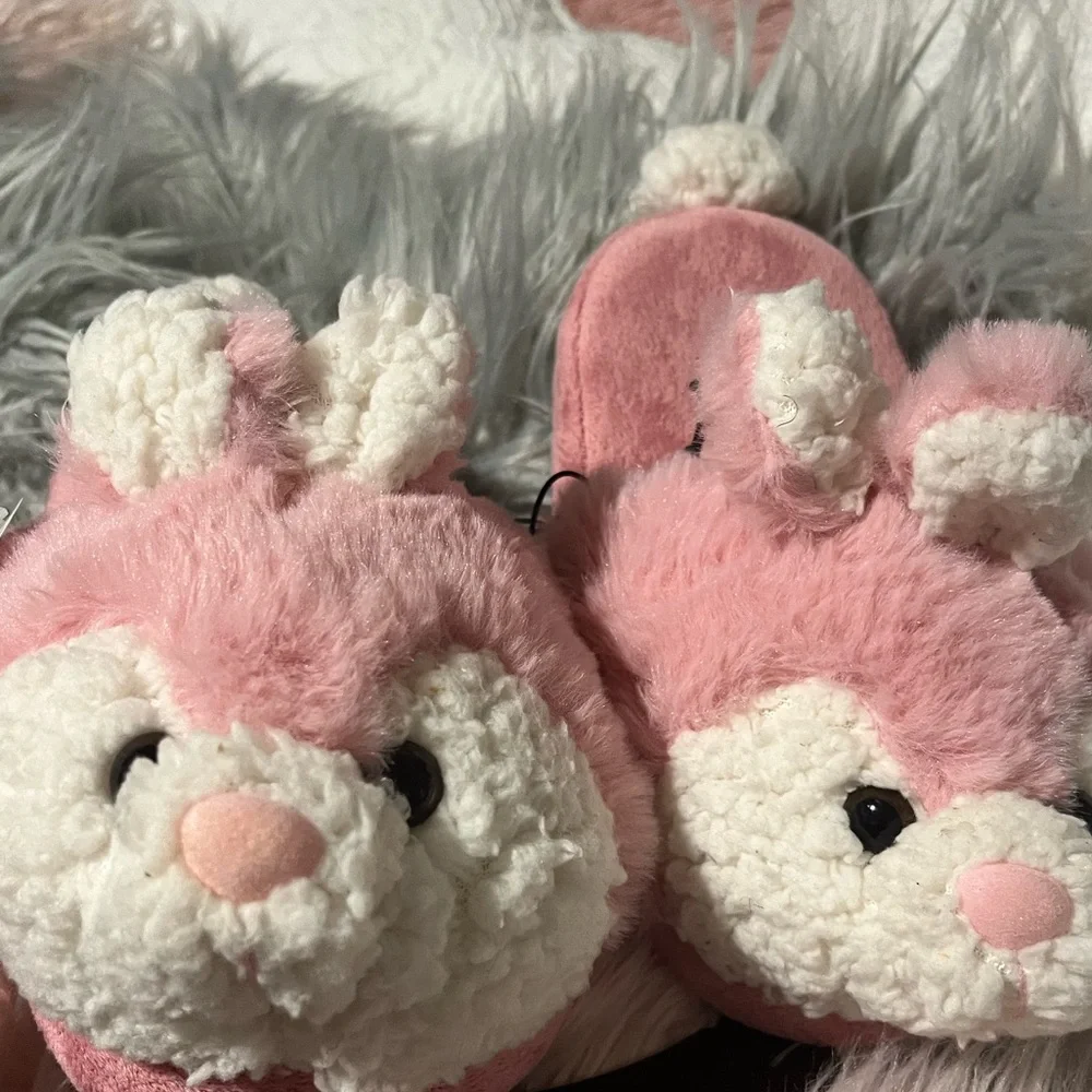 Pink Bunny Slippers Girls Plush House Shoes 11/12 New Comfy